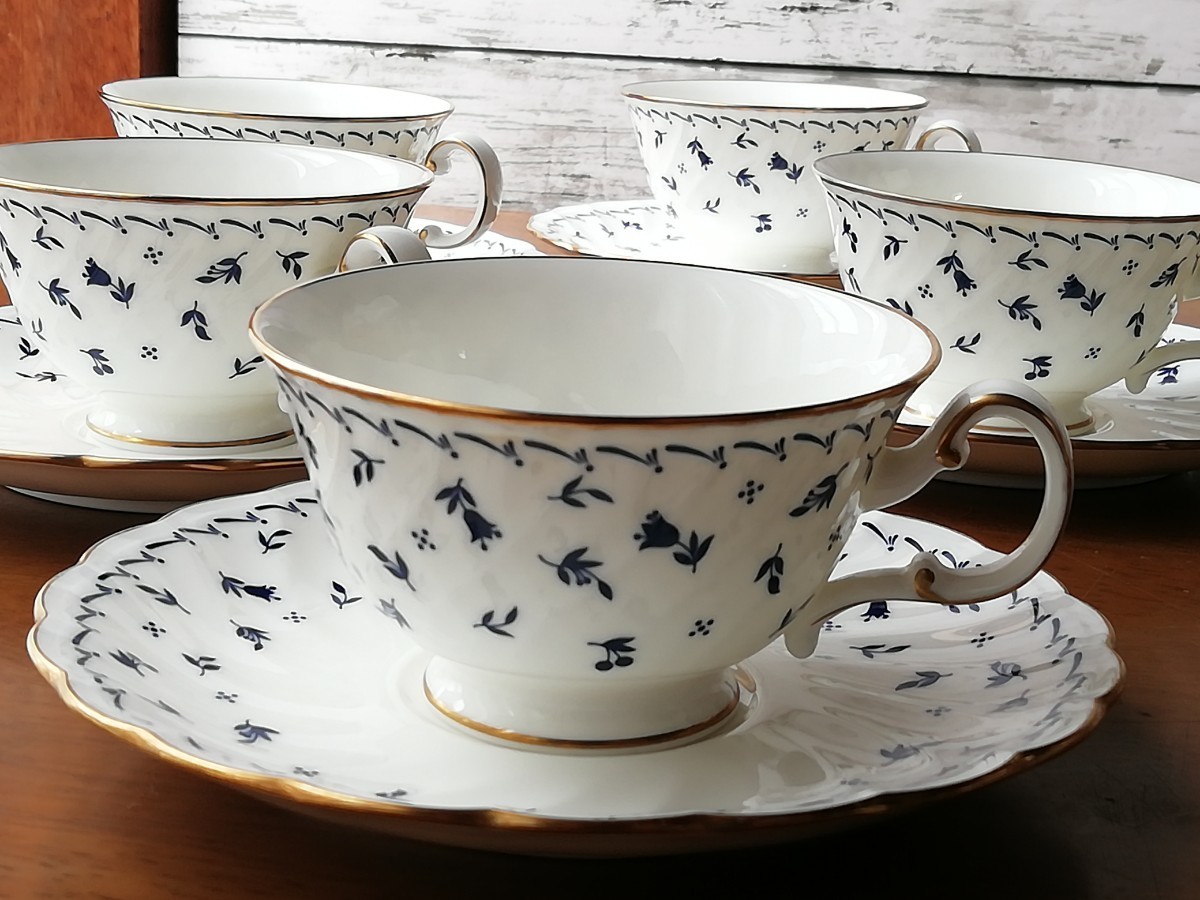 Noritake カップ&ソーサー 5客 金彩 スタジオコレクション ブルー 花柄