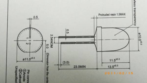 シャープ　大型　１０Φ　強烈高輝度 ４Ｃｄ　赤色警告用発光ダイオード 　ＬＴ－９５６０Ｌ　新品　５本組_外形寸法図の画像例です。