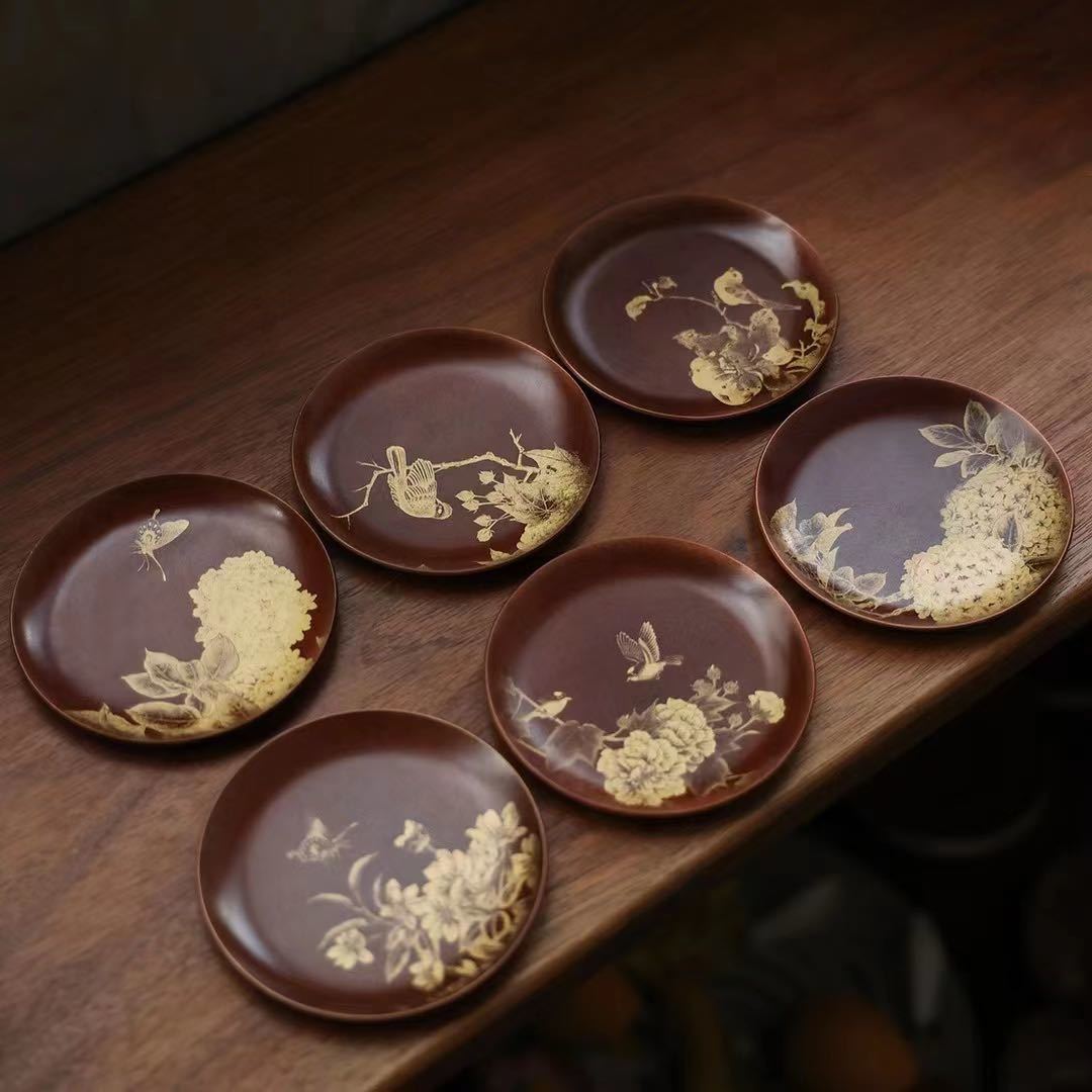 極美古銅煎茶道具 質感 細工在銘銅花鳥紋茶器茶托6客 シンプル 上品
