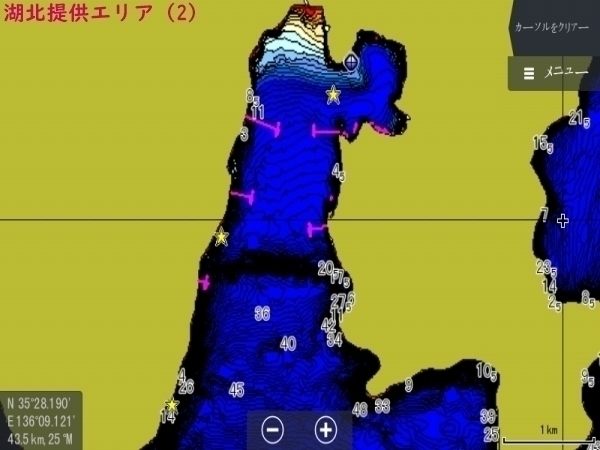 H31.1作成（Ver1.0）　ローランス魚探用琵琶湖湖北広域マップ（LOWRANCE REEFMASTER AT5ファイル）_LOWRANCE HDS 魚探画面