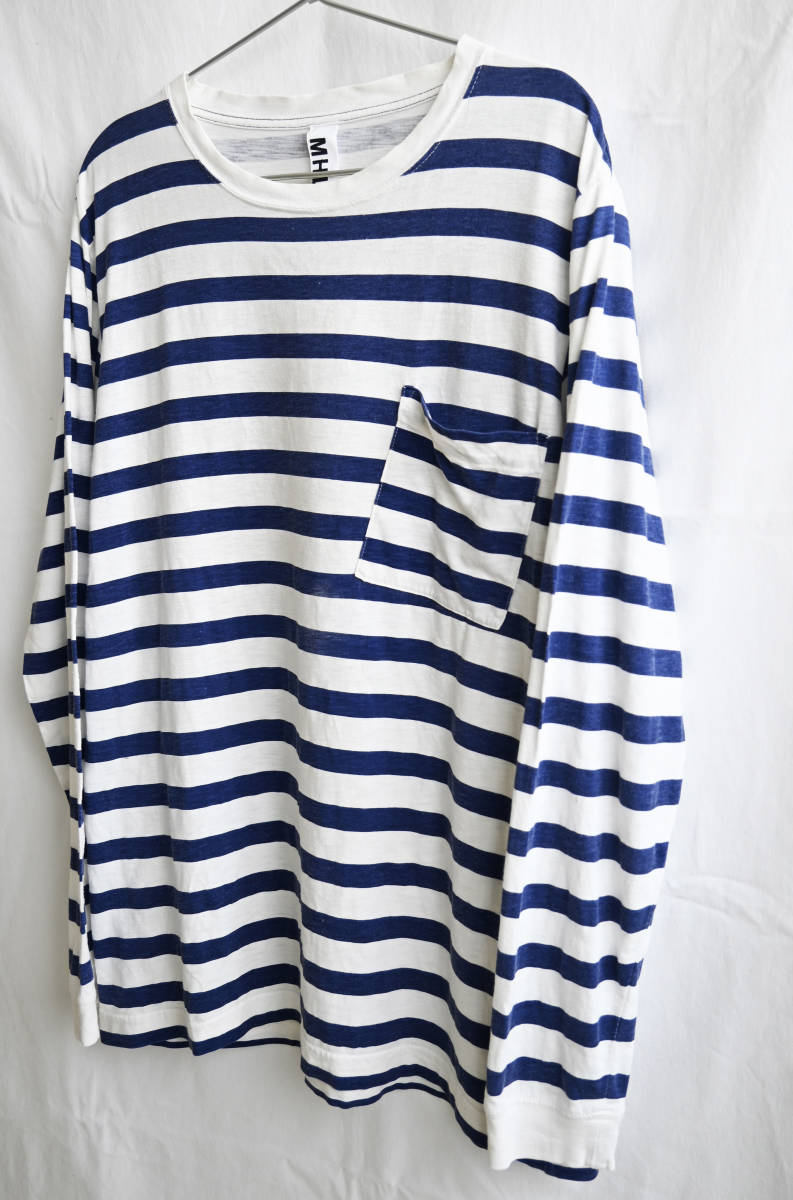  prompt decision [MHL] marine futoshi border long sleeve T shirt /M size / white × navy ( indigo )/MARGARET HOWELL/ complete sale model / Anne glow bar / rare 