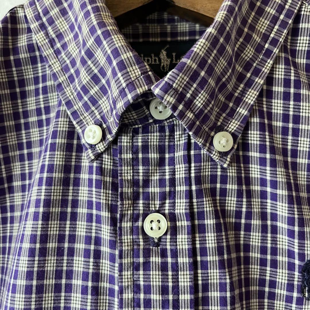 古着 Ralph Lauren ラルフローレン チェックシャツ 半袖 ボタンダウン 110㎝ キッズ 紫 パープル 子供服 子供用