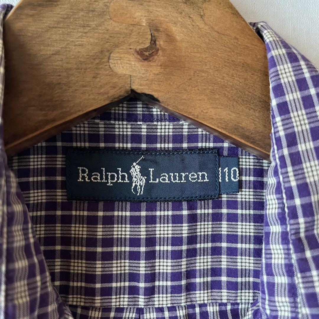 古着 Ralph Lauren ラルフローレン チェックシャツ 半袖 ボタンダウン 110㎝ キッズ 紫 パープル 子供服 子供用