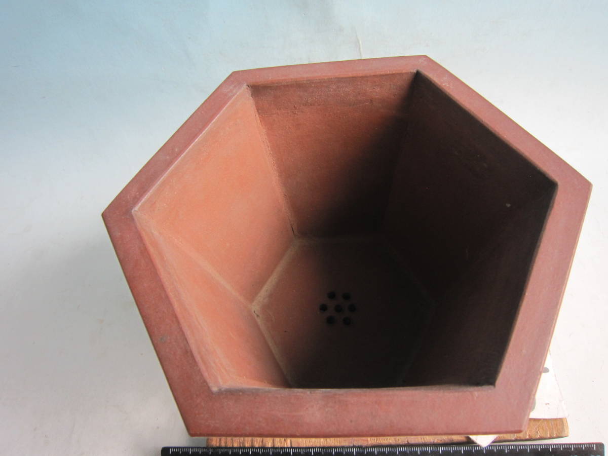 蘭万園中国 朱泥 古盆器 「朱泥漢詩外縁六角」 //美術鉢、盆栽、万年青