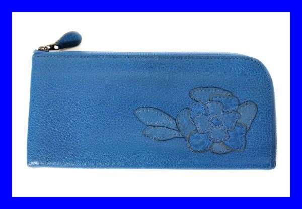 ●美品 イビザ IBIZA フリンジ付き二つ折り長財布 薄型L字ファスナージップロングウォレット レザー 革 ブルー 青 薔薇 花柄 Z3437