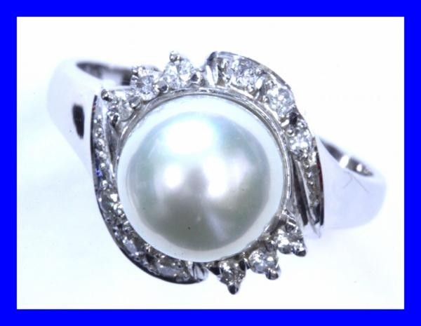 ●新品同様 パールリング指輪 Pt900 アコヤ真珠 ダイヤ 0.18ct