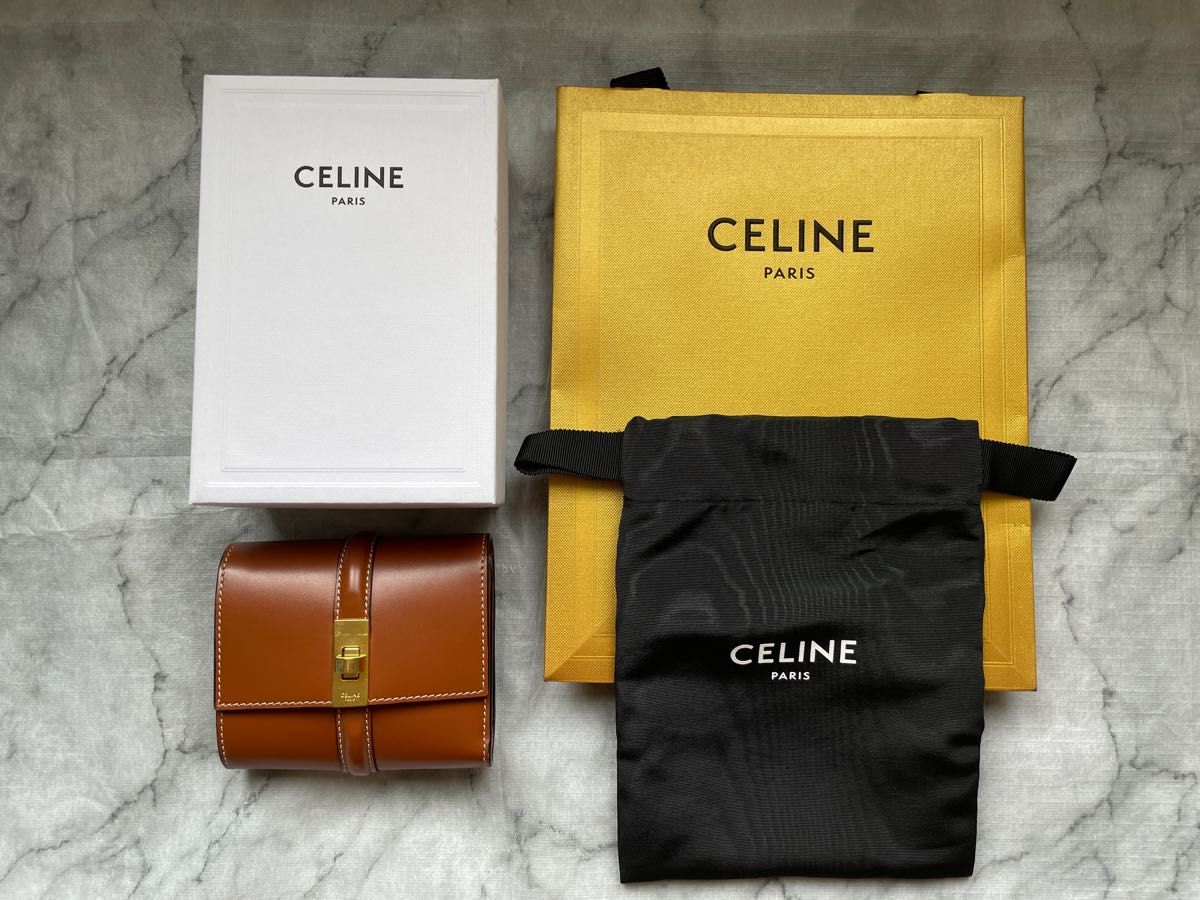 【美品】セリーヌ CELINE 三つ折り財布 財布 /スモールウォレット 16(セーズ) / シャイニーカーフスキンタン
