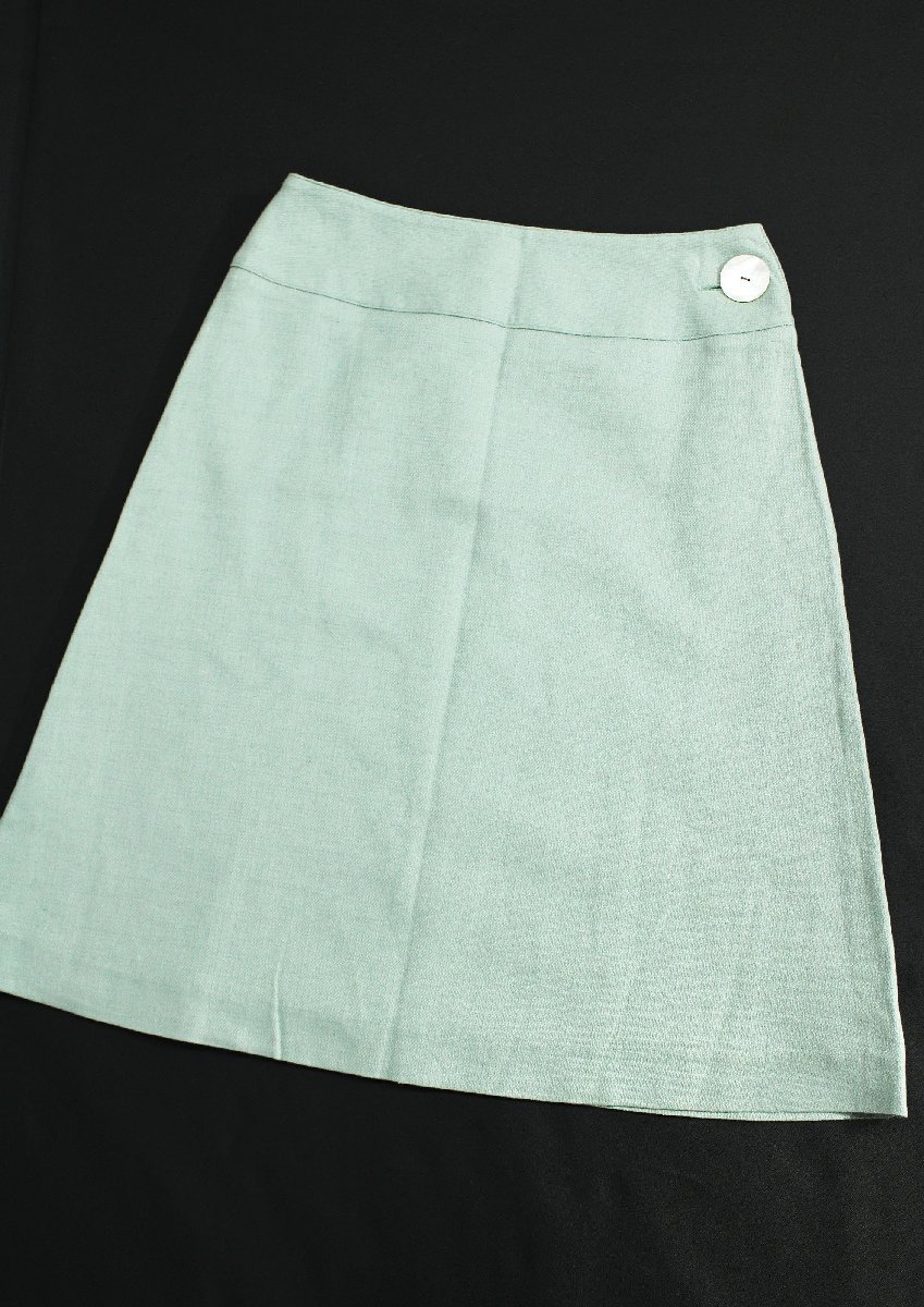美品 サリースコット コットンリネンシェルボタン膝丈フレアスカート 薄緑9 rh256_画像1