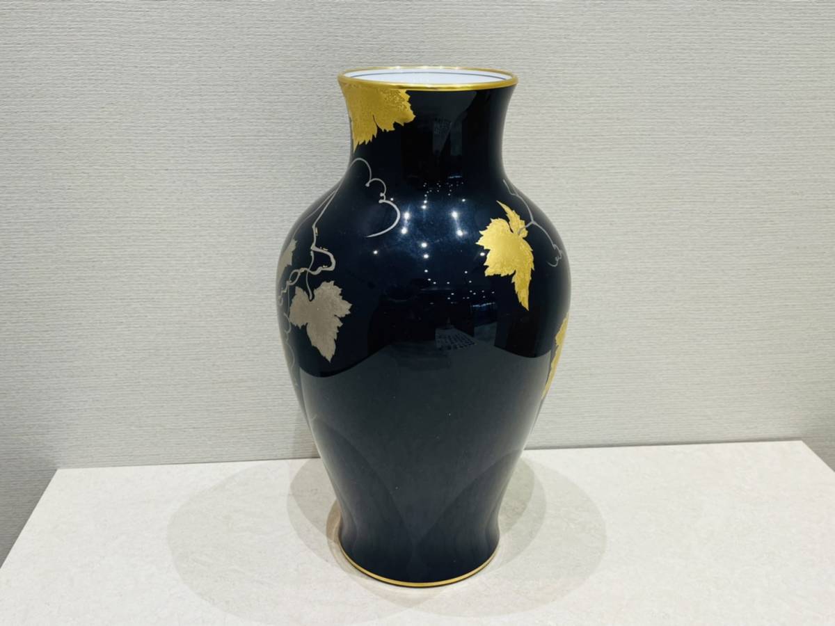 M918 OKURA 大倉陶園 瑠璃(ルリ)金蝕ぶどう 花生 35cm 大倉陶器 花瓶