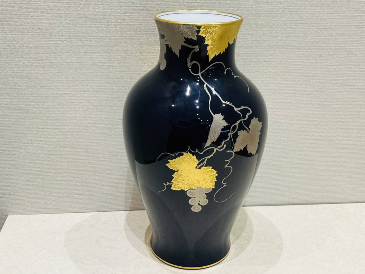 M918 OKURA 大倉陶園 瑠璃(ルリ)金蝕ぶどう 花生 35cm 大倉陶器 花瓶