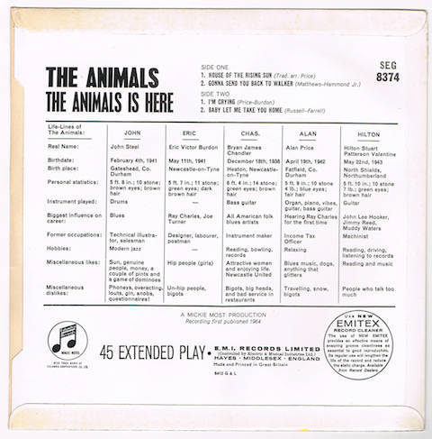 ●THE ANIMALS / THE ANIMALS IS HERE [UK 45 ORIGINAL 7inch EP]_画像2