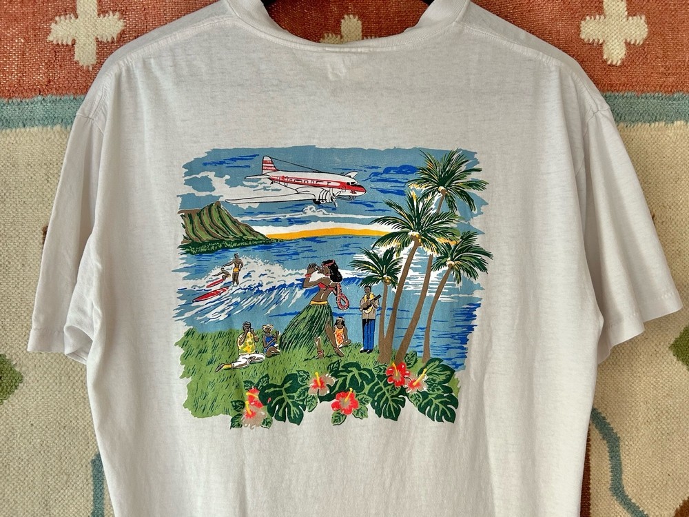 80s USA製 reyn spooner AIR HAWAII ビンテージ レインスプーナ― ハワイ フラガール アート 半袖 Tシャツ US- L サイズ // 企業 航空会社