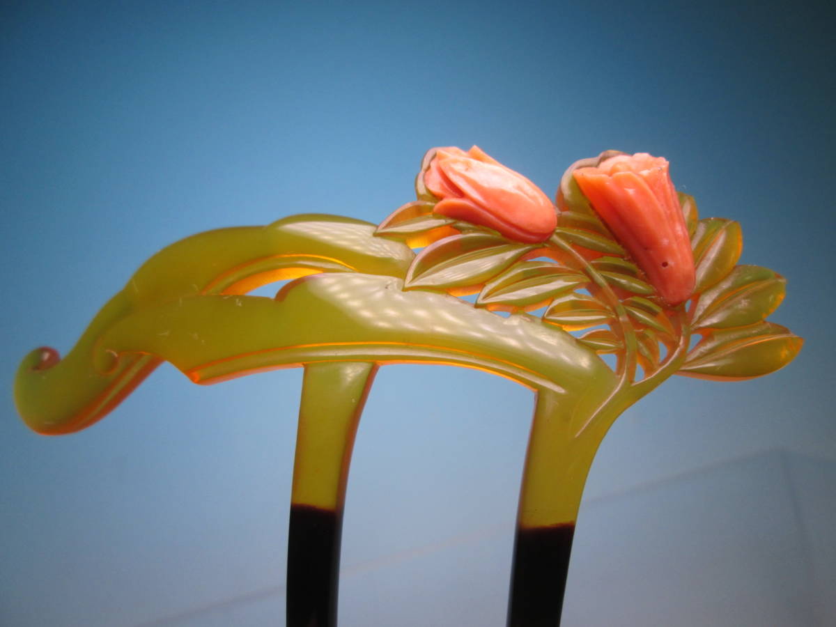日本最大の アンティーク・本鼈甲 【江月】 本珊瑚 ケース付 花彫刻 