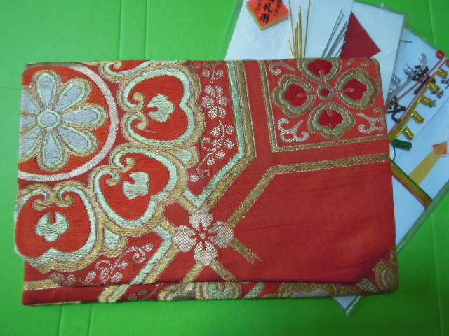  super-discount! red color metal color classic pattern *L size gold . inserting fukusa * obi ground * silk ground * handmade 