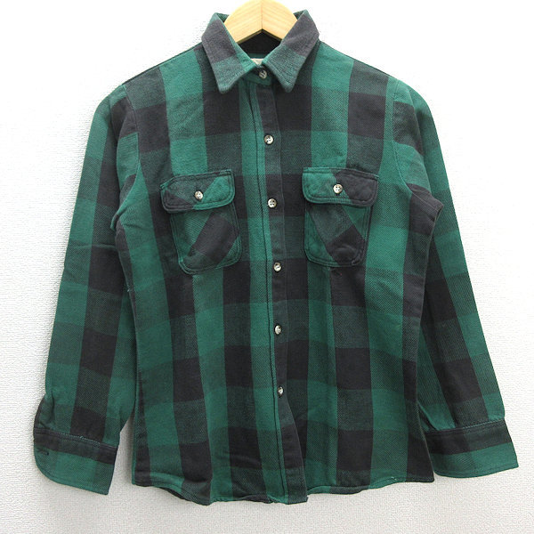 s■セントジョンズベイ/St. John's Bay チェック柄 長袖シャツ【XS】緑 黒/MENS/65【中古】_画像1