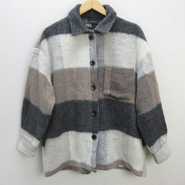 k■ザラ/ZARA フリンジ付き チェック柄 ウールジャケット【M】LADIES■155【中古】_画像1