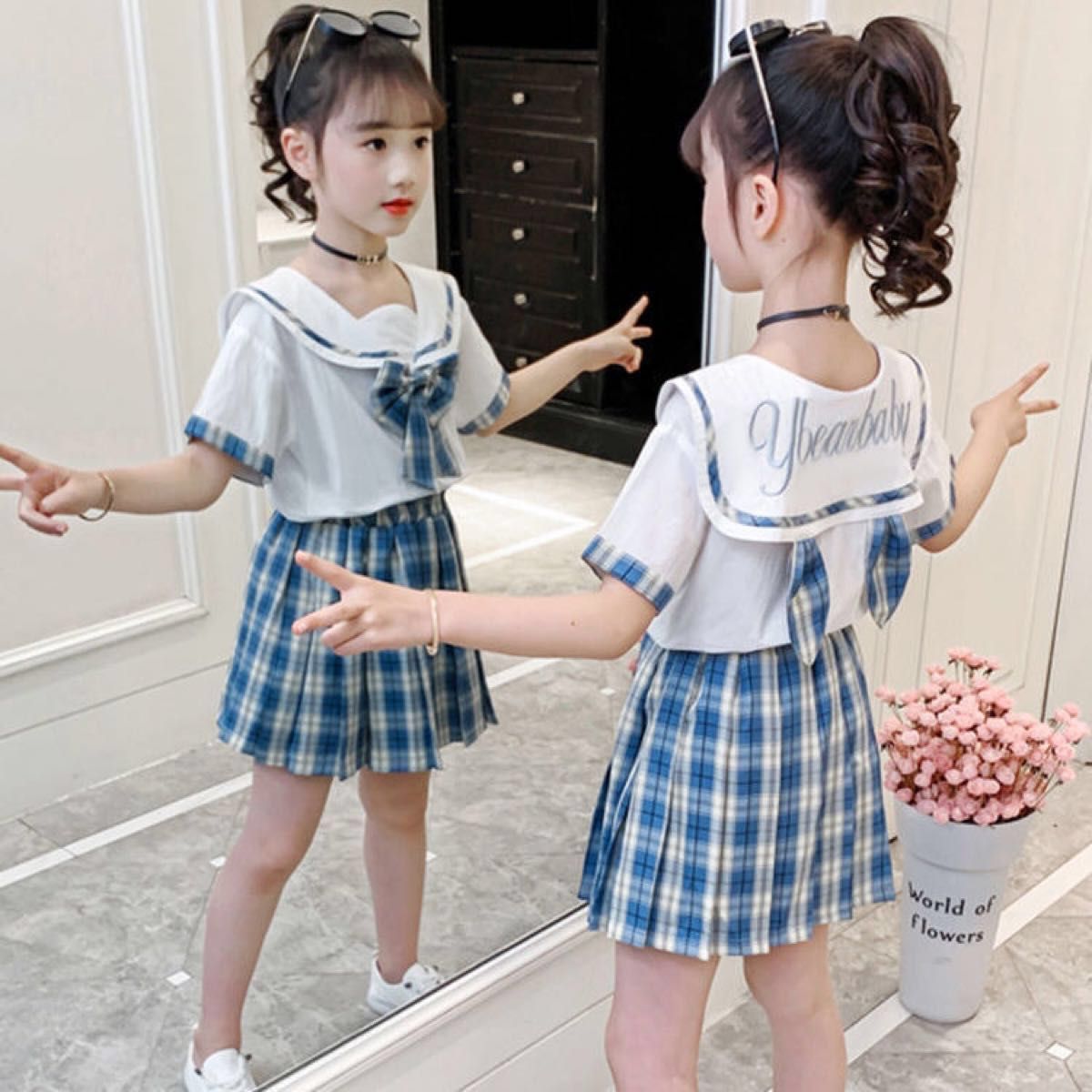 子供服 セットアップ キッズ 女の子 半袖あた春夏 上下セット セーラートップス スカート ジュニア おしゃれ 可愛い！