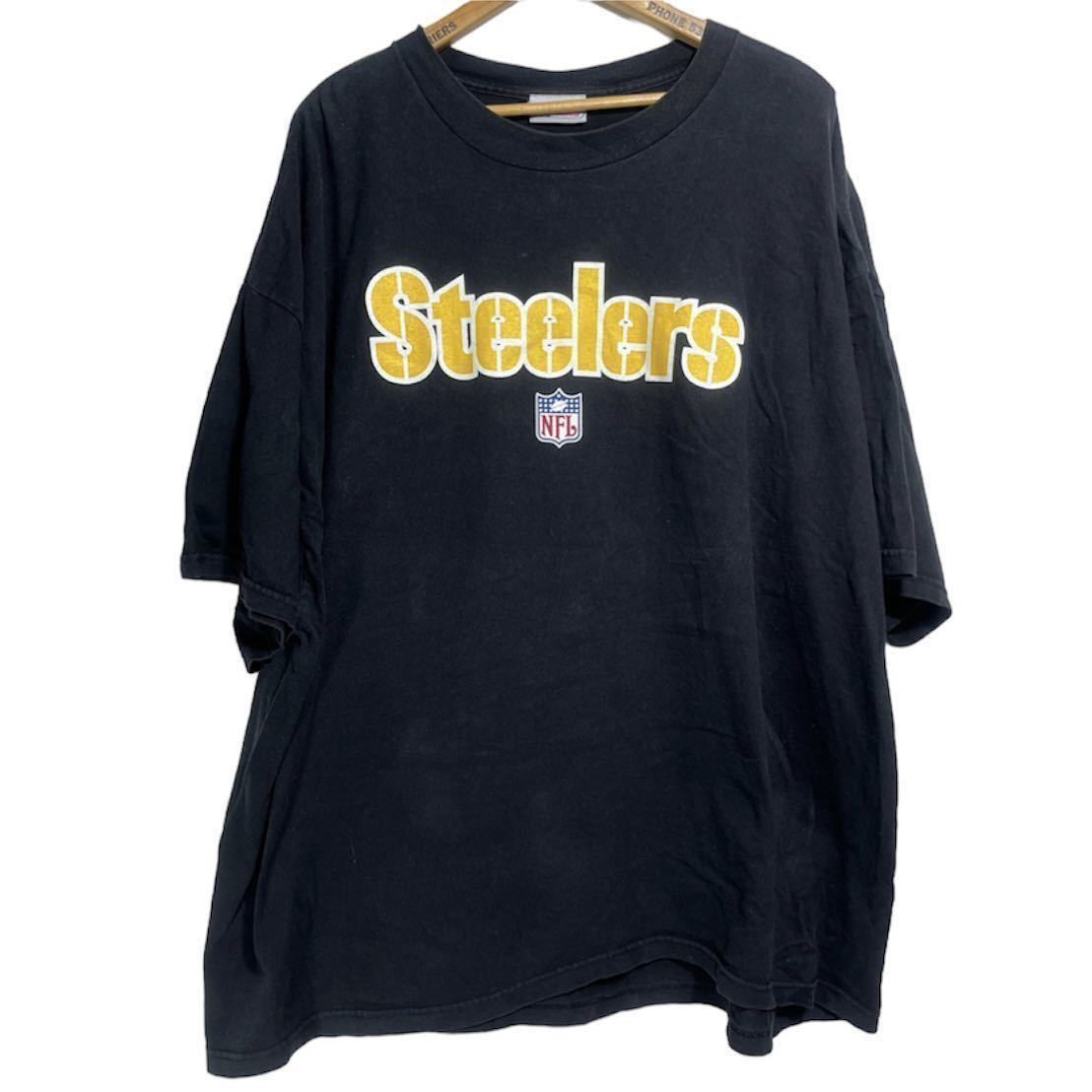 ■ Reebok リーボック NFL Pittsburgh Steelers スティーラーズ ロゴ プリント 半袖 Tシャツ サイズ2XL 黒 古着 アメフト ストリート ■の画像1