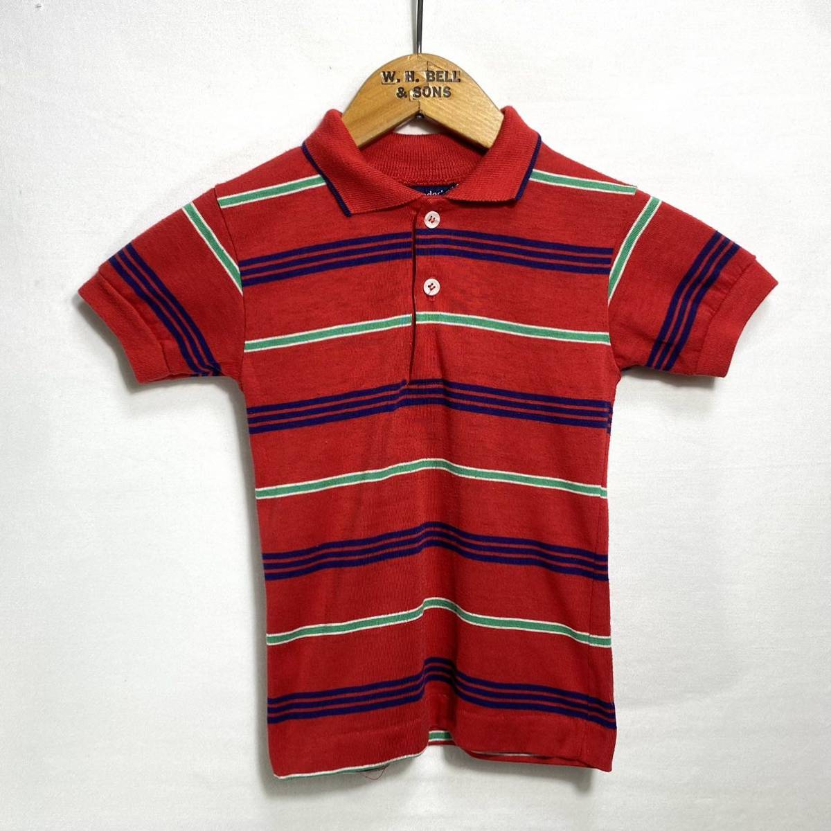 # for children Vintage USA made wonderknit design border pattern polo-shirt with short sleeves size 6 red American Casual trad ivy #