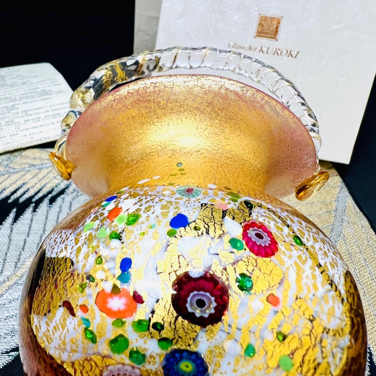 現代の名工 黒木国昭作 金箔象嵌花器『光琳ロマン』花篭 花瓶