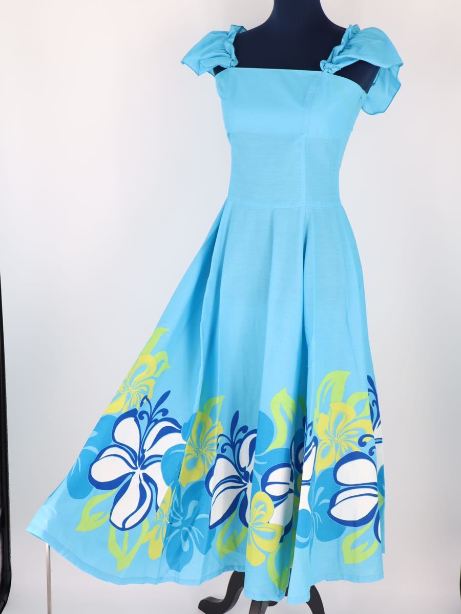 [ free shipping ][ hula dance for costume made in Japan ]HULA Hawaii light blue & white plumeria pattern no sleeve One-piece Hawaiian dress blue 