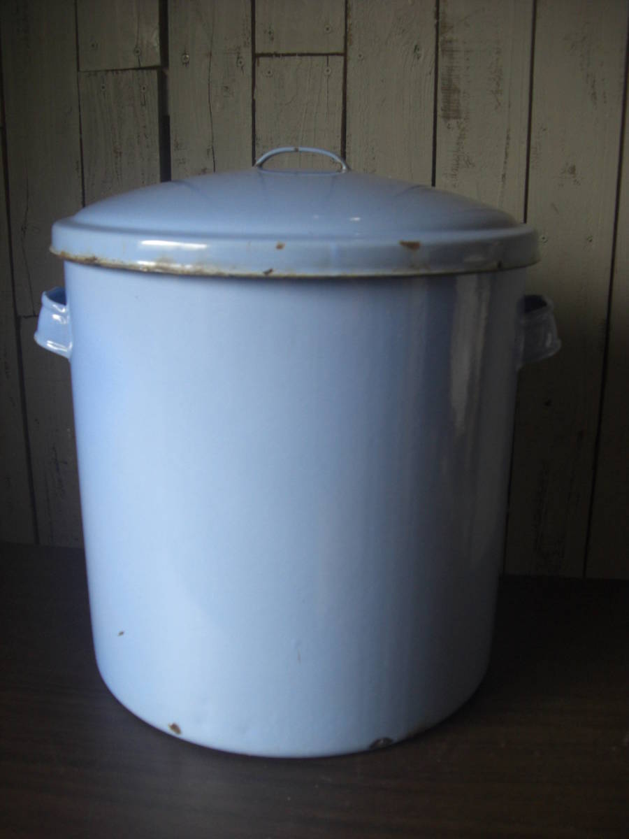 Qn312 昭和レトロ ヴィンテージ ホーロー容器 琺瑯 直径約30cm 高さ約31cm 古道具 アンティーク ブルー 缶 鍋 シャビーシック 120サイズ_画像1