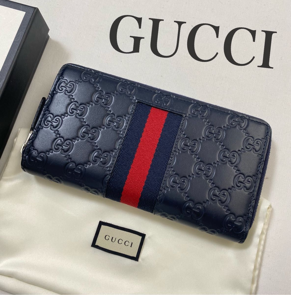 美品 GUCCI/グッチ/長財布 ラウンドファスナー シェリーライン ネイビー-