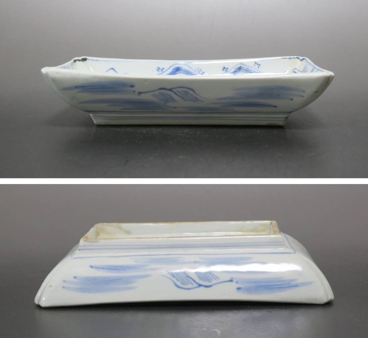 伊万里焼 染付 線描き 山水 家屋 帆掛け船 長皿 和食器 懐石 伊万里焼 染付 線描き 山水 家屋 帆掛け船 長皿 和食器 懐石
