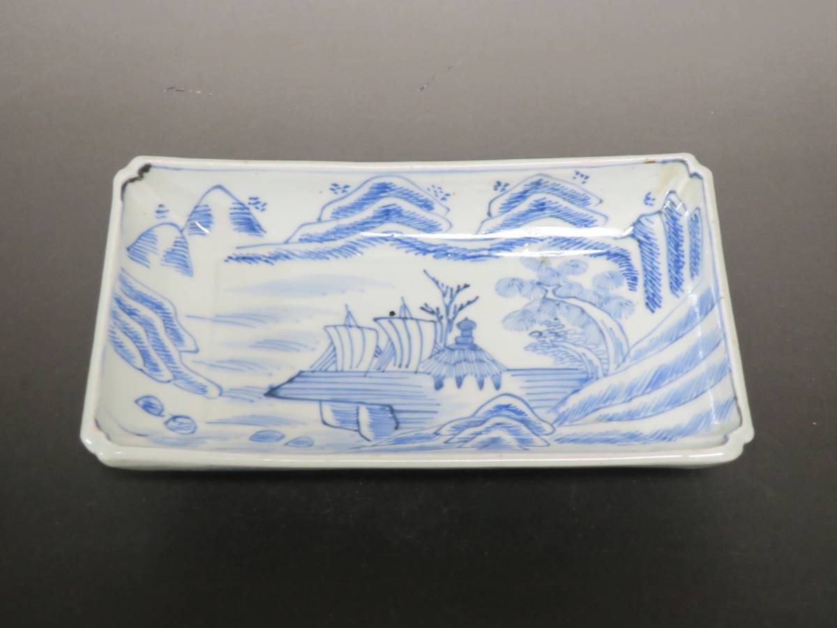 伊万里焼 染付 線描き 山水 家屋 帆掛け船 長皿 和食器 懐石 伊万里焼 染付 線描き 山水 家屋 帆掛け船 長皿 和食器 懐石