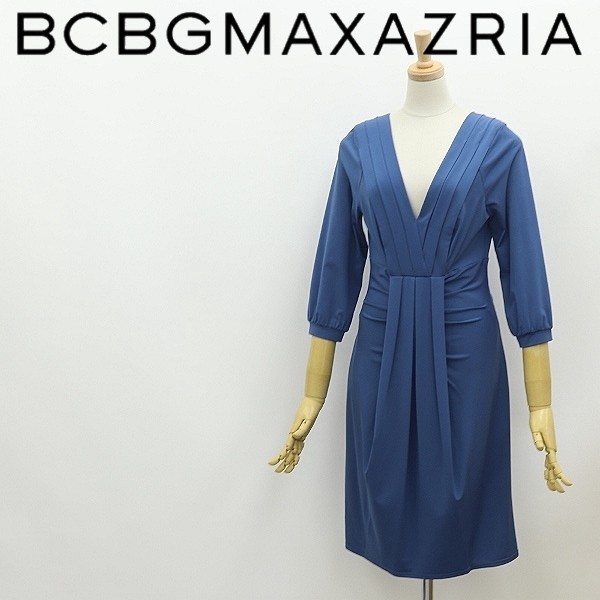 ◆BCBG MAXAZRIA マックスアズリア ストレッチ タック ドレープ 七分袖 ワンピース ライトブルー S_画像1