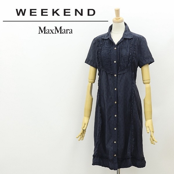 ◆Max Mara WEEKEND マックスマーラ 総柄 シルク フリル シャツ ワンピース 紺 ネイビー 36