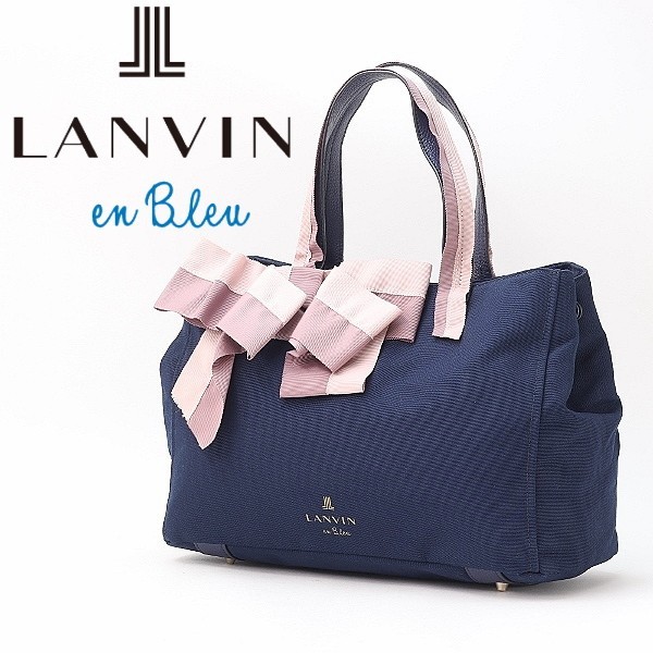 ◆LANVIN en Bleu ランバンオンブルー キャンバス×レザー リボン ロゴプリント トート バッグ ネイビー_画像1