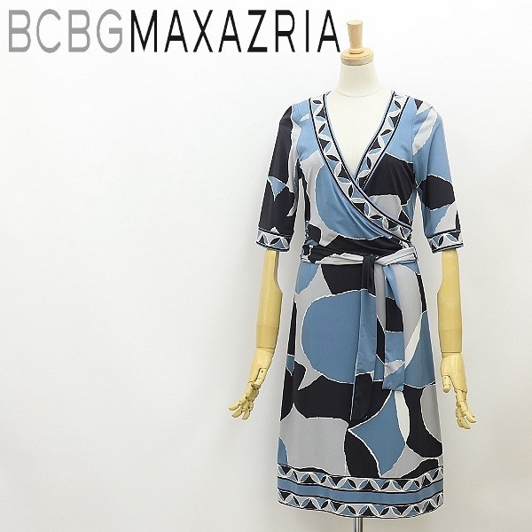 ◆BCBG MAXAZRIA マックスアズリア ストレッチ 総柄 五分袖 カシュクール風 ワンピース S_画像1