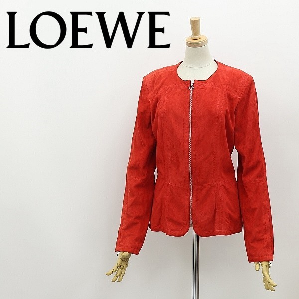 ◆LOEWE ロエベ 山羊革 スエード レザー ジップ ノーカラー ジャケット 赤 レッド 38_画像1