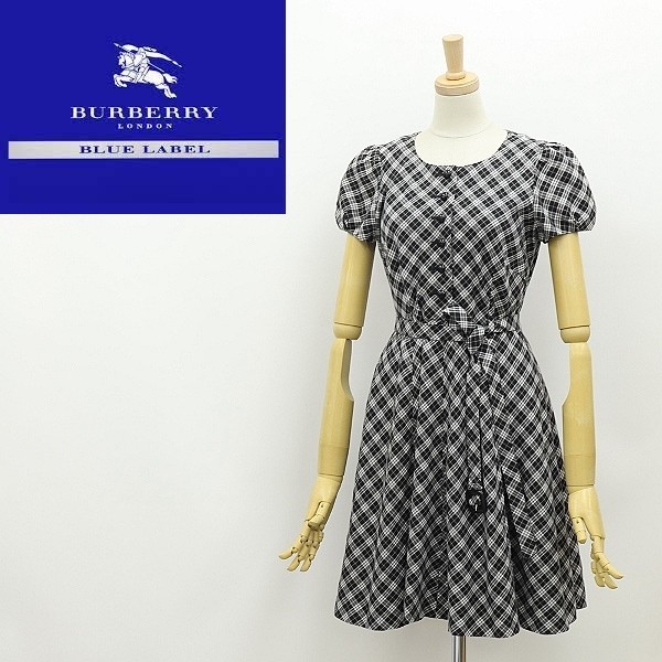 ◆BURBERRY BLUE LABEL バーバリーブルーレーベル チェック柄 パフスリーブ ベルテッド フレア ワンピース 36_画像1