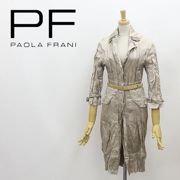 新品◆PAOLA FRANI パオラフラーニ レザーエナメルベルト付 シルク混 シャーリング スプリング コート 38
