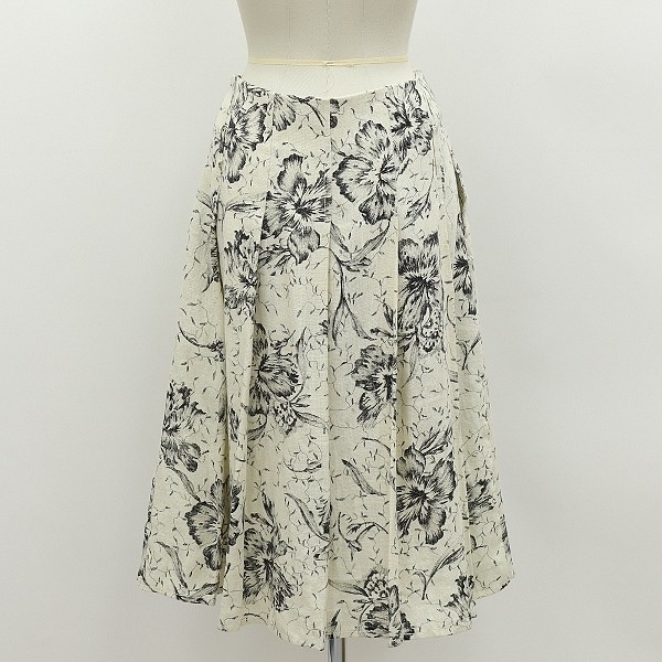  beautiful goods white tag *MaxMara Max Mara linen100% floral print pleat LAP skirt ivory × black 38
