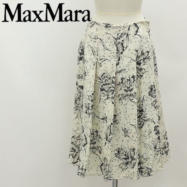  beautiful goods white tag *MaxMara Max Mara linen100% floral print pleat LAP skirt ivory × black 38