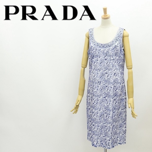 美品 国内正規品◆PRADA プラダ 総刺繍 コットン ノースリーブ ワンピース ホワイト×ネイビー 46_画像1