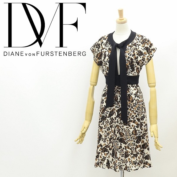 ◆DIANE von FURSTENBERG ダイアンフォンファステンバーグ STALINA シルク100％ 総柄 フロントリボン ワンピース 2