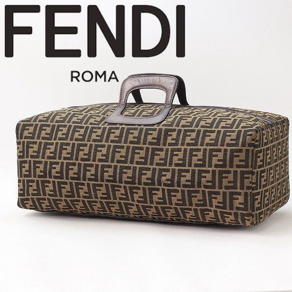 ヴィンテージ◆FENDI フェンディ ズッカ柄 キャンバス×レザー ボストン ハンド バッグ ブラウン×ダークブラウンの画像1