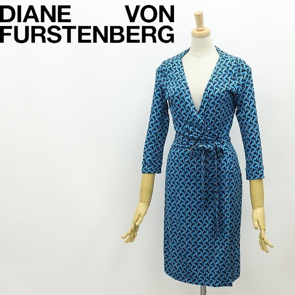 ◆DIANE von FURSTENBERG ダイアンフォンファステンバーグ NEW JULIAN TWO シルクジャージー 総柄 ラップ ワンピース 水色×ネイビー 2_画像1