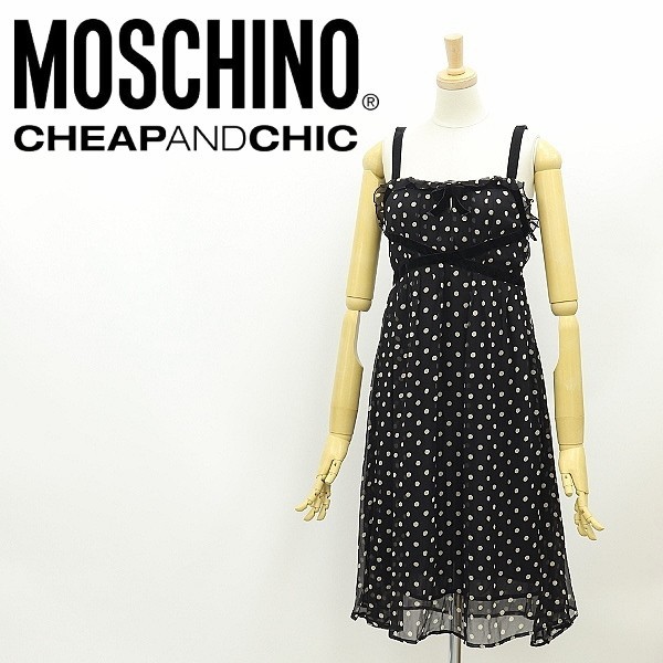 ◆MOSCHINO CHEAP AND CHIC モスキーノ チープ&シック ドット柄 ベロア使い フリル シフォン キャミソール ワンピース 黒 ブラック 38_画像1