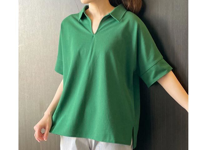 12-68CY40-21-b19 зеленый свободный размер 3900 иен COMME CA ISM Comme Ca Ism олень. .V шея cut and sewn рубашка-поло 
