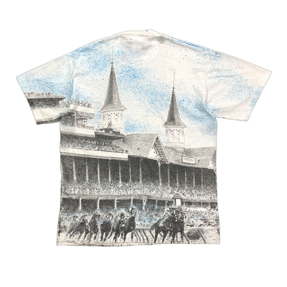 90S USA製 ヴィンテージ 1992年 ケンタッキー ダービー 競馬 オーバープリント 総柄 Tシャツ メンズXL シングルステッチ 古着 BA2007