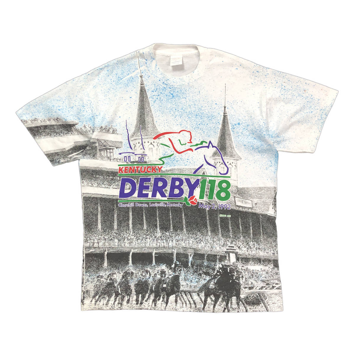 90S USA製 ヴィンテージ 1992年 ケンタッキー ダービー 競馬 オーバープリント 総柄 Tシャツ メンズXL シングルステッチ 古着 BA2007