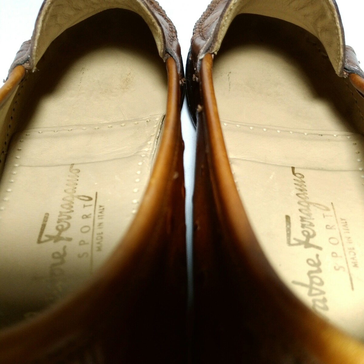 C293【Ferragamo】フェラガモ　オーストリッチ革　ドライビングシューズ　コインローファー　size7.5　約24.5cm　婦人靴　ブラウン　 革靴