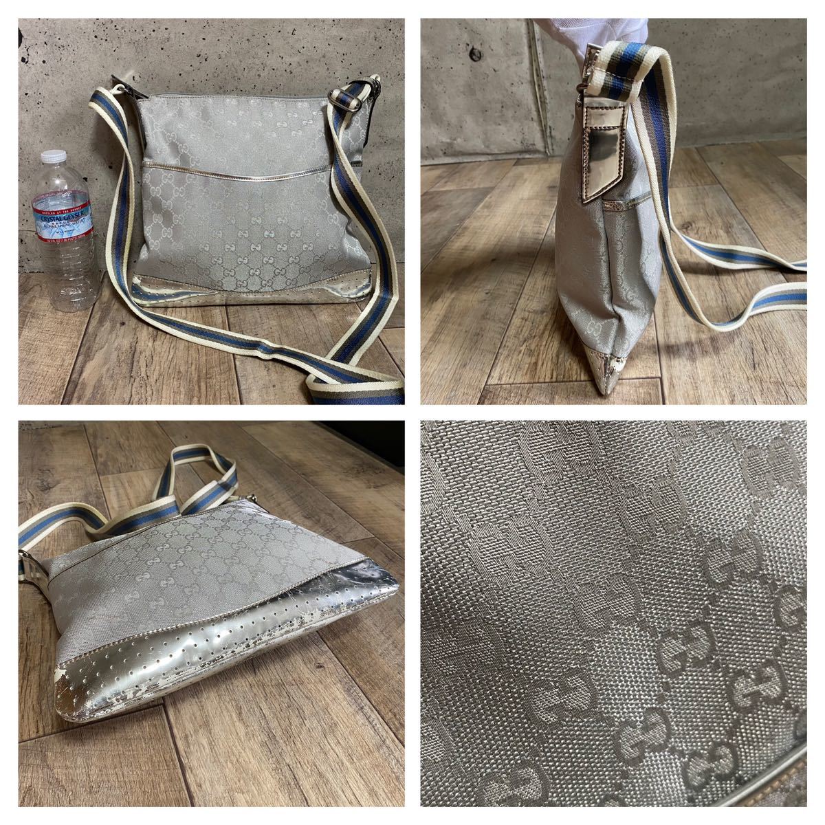 本物 GUCCI グッチ GGキャンバス ショルダーバッグ シルバー レザー