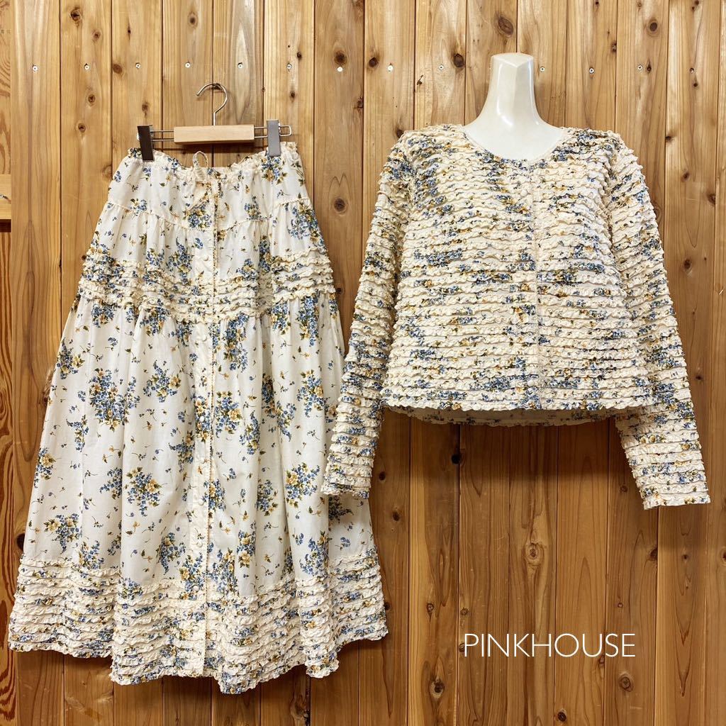  ultimate beautiful goods *PINKHOUSE * Pink House loan top and bottom set pico frill jacket / long skirt floral print tia-do skirt unbleached cloth size L