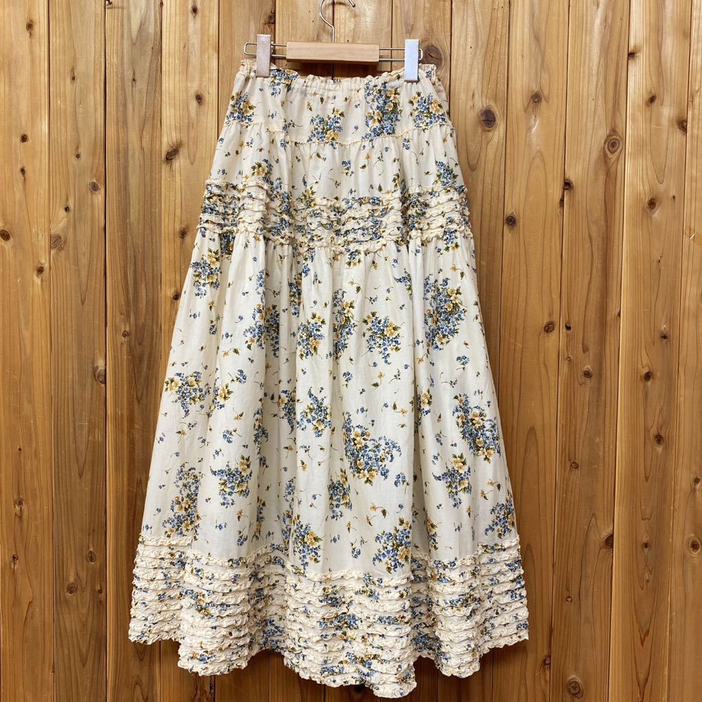  ultimate beautiful goods *PINKHOUSE * Pink House loan top and bottom set pico frill jacket / long skirt floral print tia-do skirt unbleached cloth size L